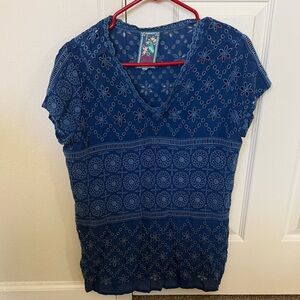 Johnny Was Navy Floral Short Sleeve Top